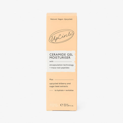 Second Image of UpCircle Ceramide Gel Moisturizer 50ml outer carton, natural vegan upcycled, with encapsulation technology and maca root peptides