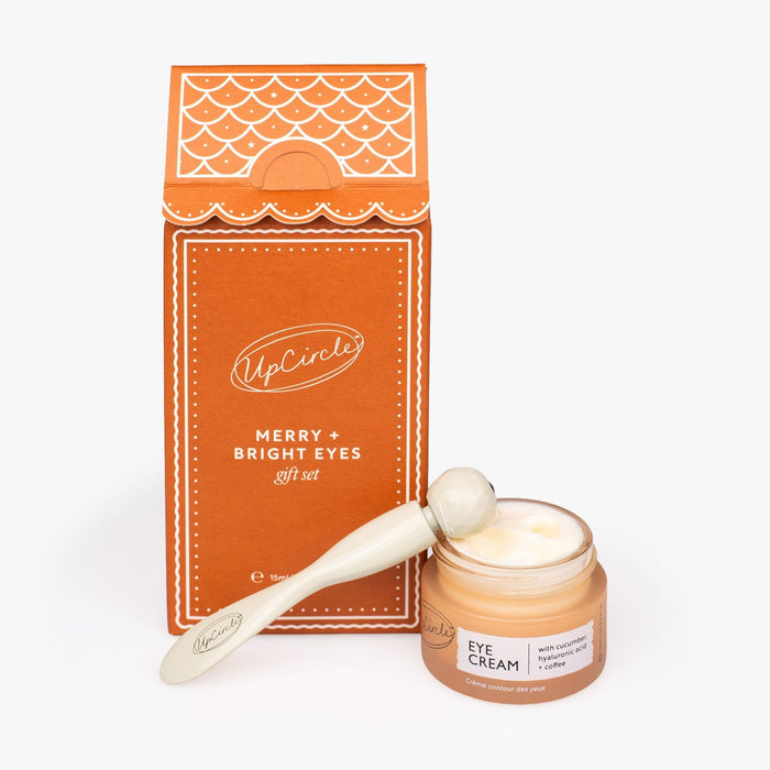 small product image-6,UpCircle Merry + Bright Eyes Gift Set: Gift set open on white background revealing Eye Cream and Eye Roller