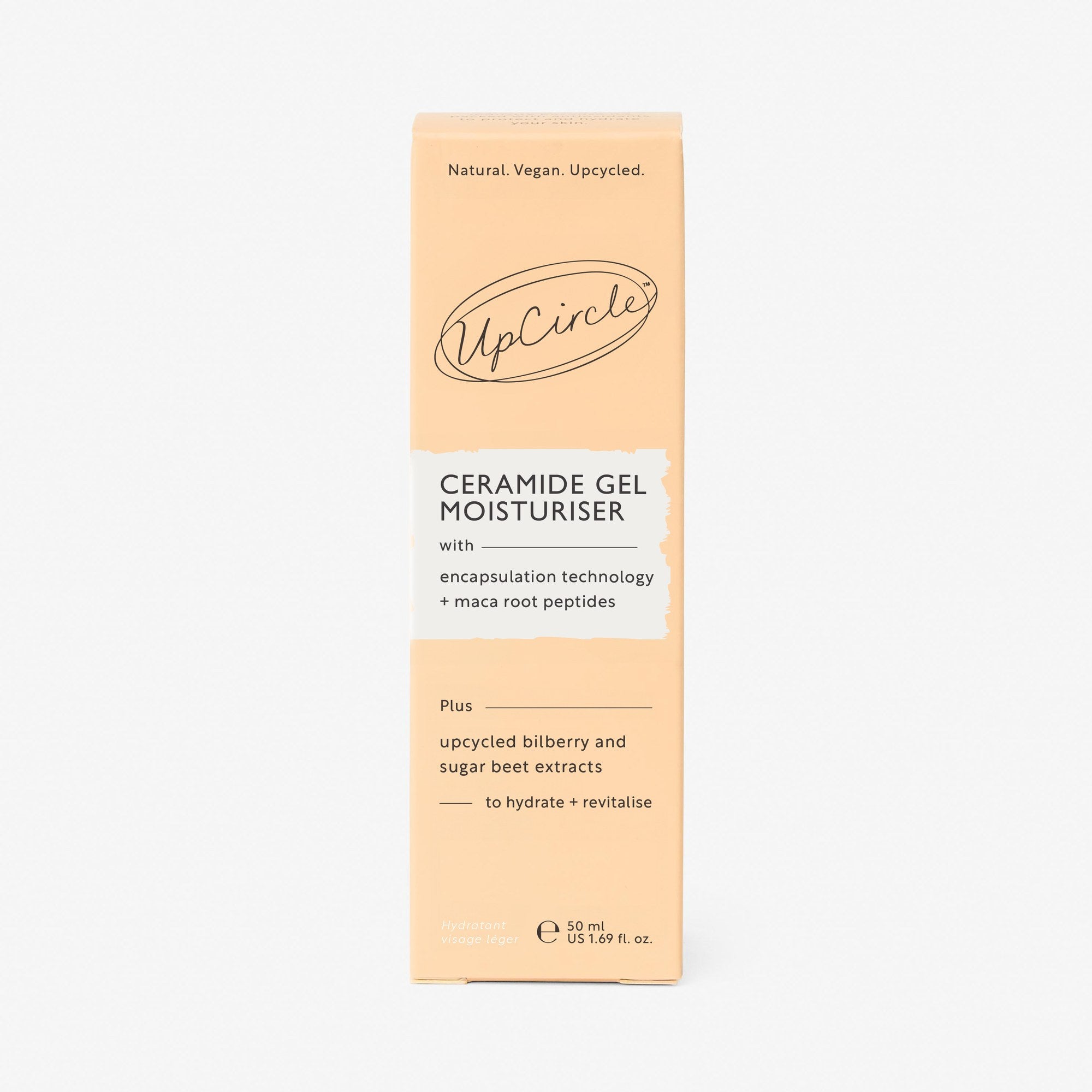 UpCircle Ceramide Gel Moisturizer 50ml outer carton, natural vegan upcycled, with encapsulation technology and maca root peptides