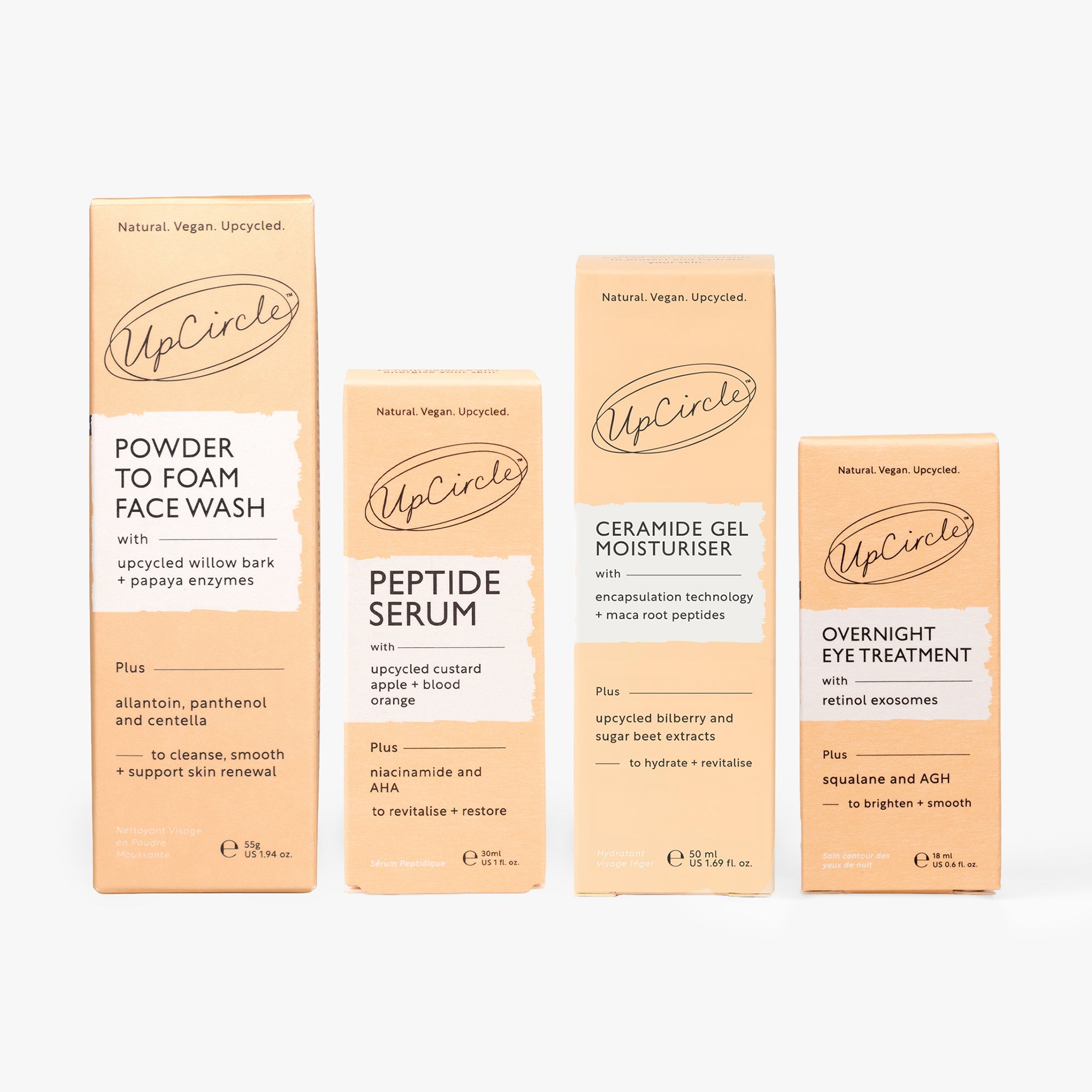 The Menopause Skin Set outer boxes: Powder to Foam Face Wash, Peptide Serum, Ceramide Gel Moisturizer and Overnight Eye Treatment